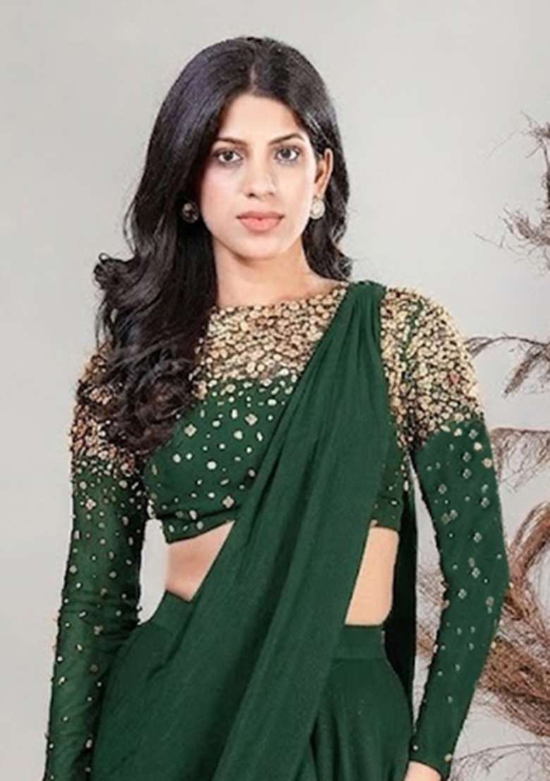 Green Hand Work Embellished Pre Draped Saree Set - Indya