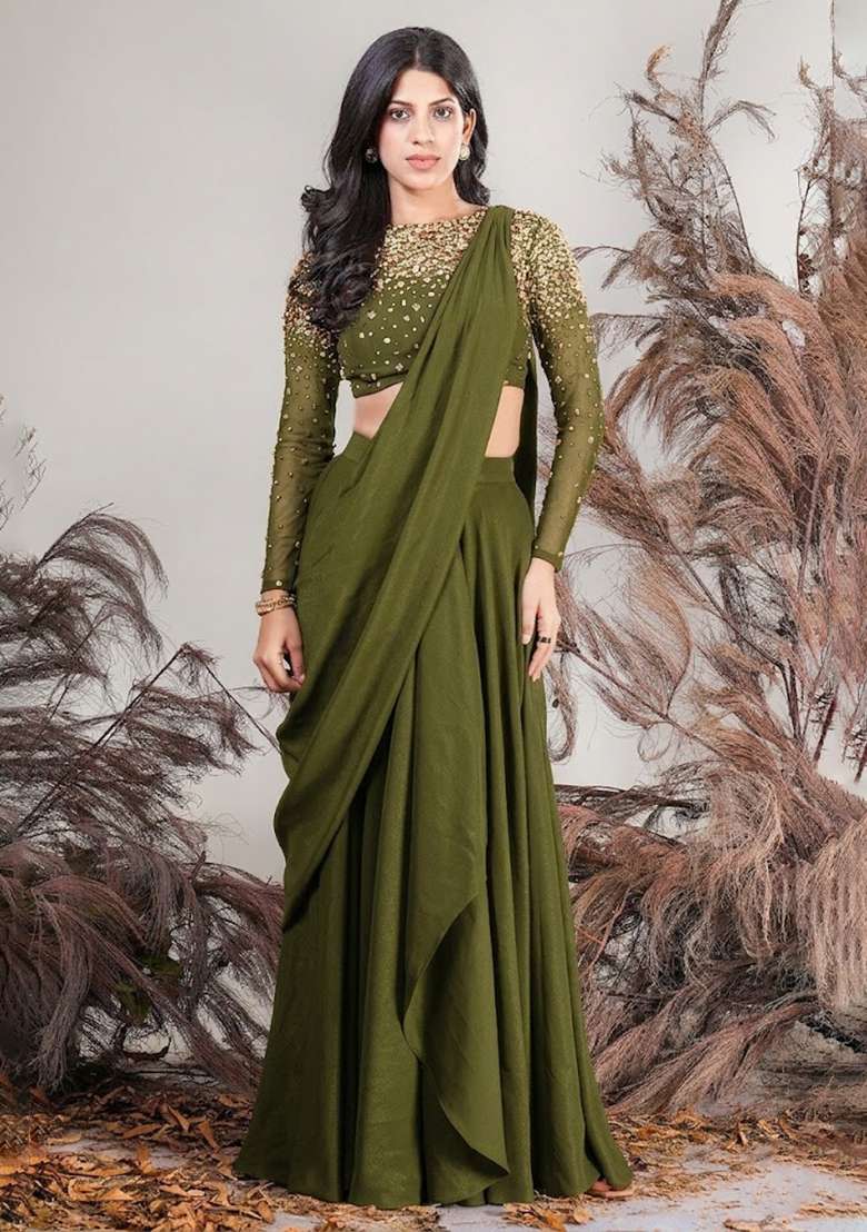 Olive Green Hand Work Embellished Pre Draped Saree Set - Indya