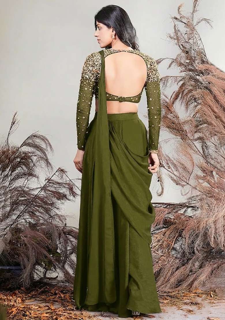 Olive Green Hand Work Embellished Pre Draped Saree Set - Indya