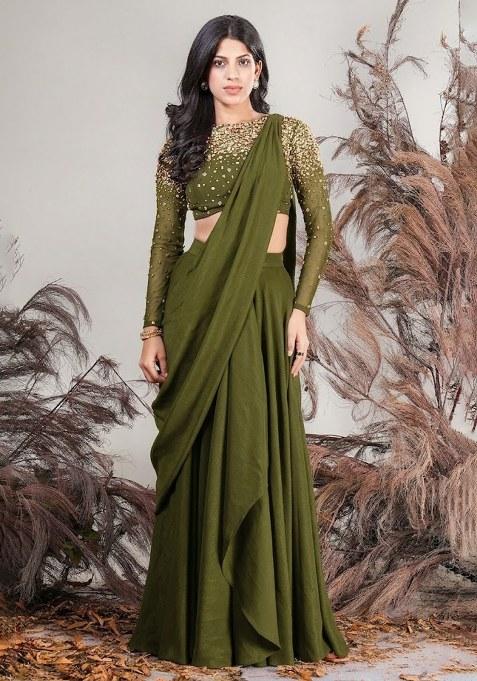 Olive Green Hand Work Embellished Pre Draped Saree Set