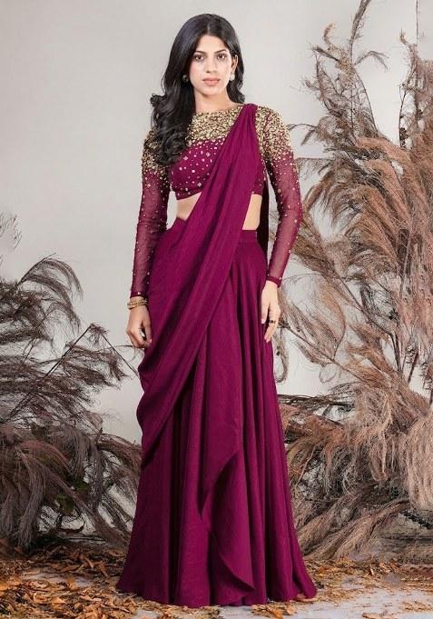 Pink Hand Work Embellished Pre Draped Saree Set