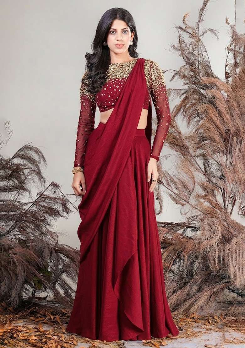Red Hand Work Embellished Pre Draped Saree Set - Indya