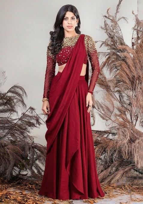Red Hand Work Embellished Pre Draped Saree Set