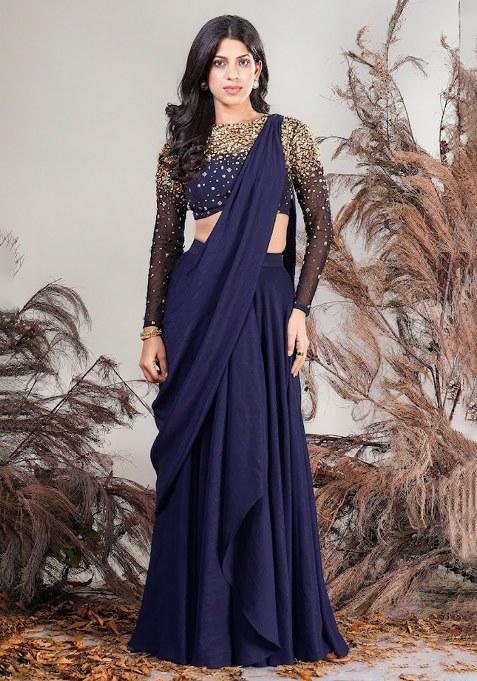 Violet Hand Work Embellished Pre Draped Saree Set