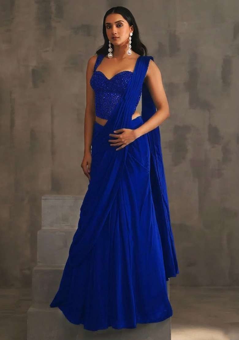 Blue Hand Work Embellished Corset Blouse Pre Draped Saree Set - Indya
