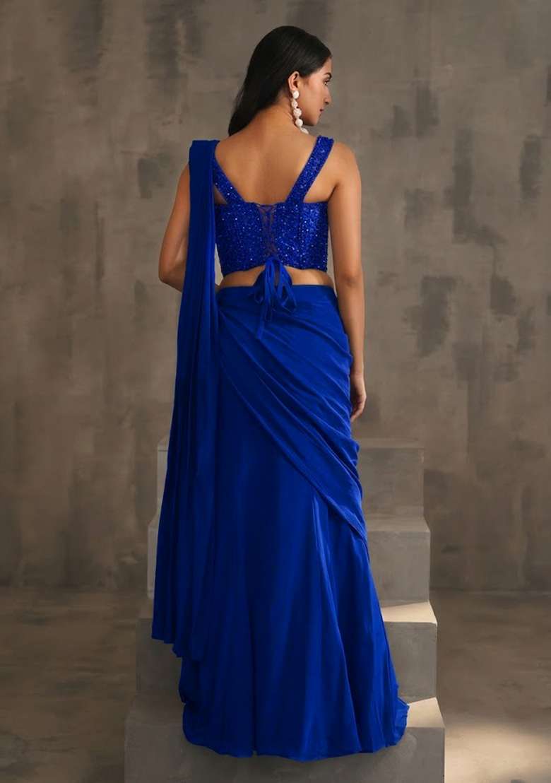 Blue Hand Work Embellished Corset Blouse Pre Draped Saree Set - Indya