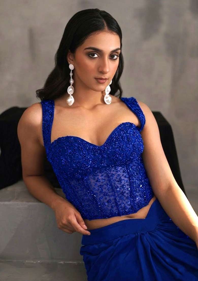 Blue Hand Work Embellished Corset Blouse Pre Draped Saree Set - Indya