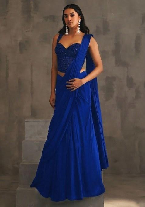 Blue Hand Work Embellished Pre Draped Saree Set