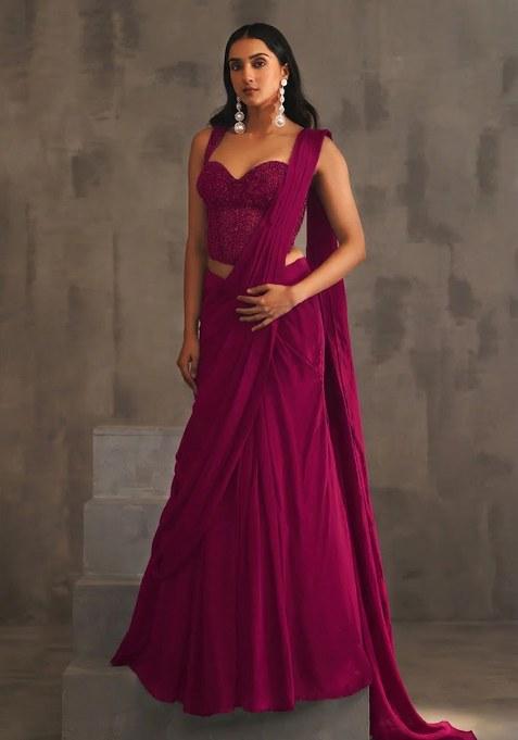 Pink Hand Work Embellished Pre Draped Saree Set