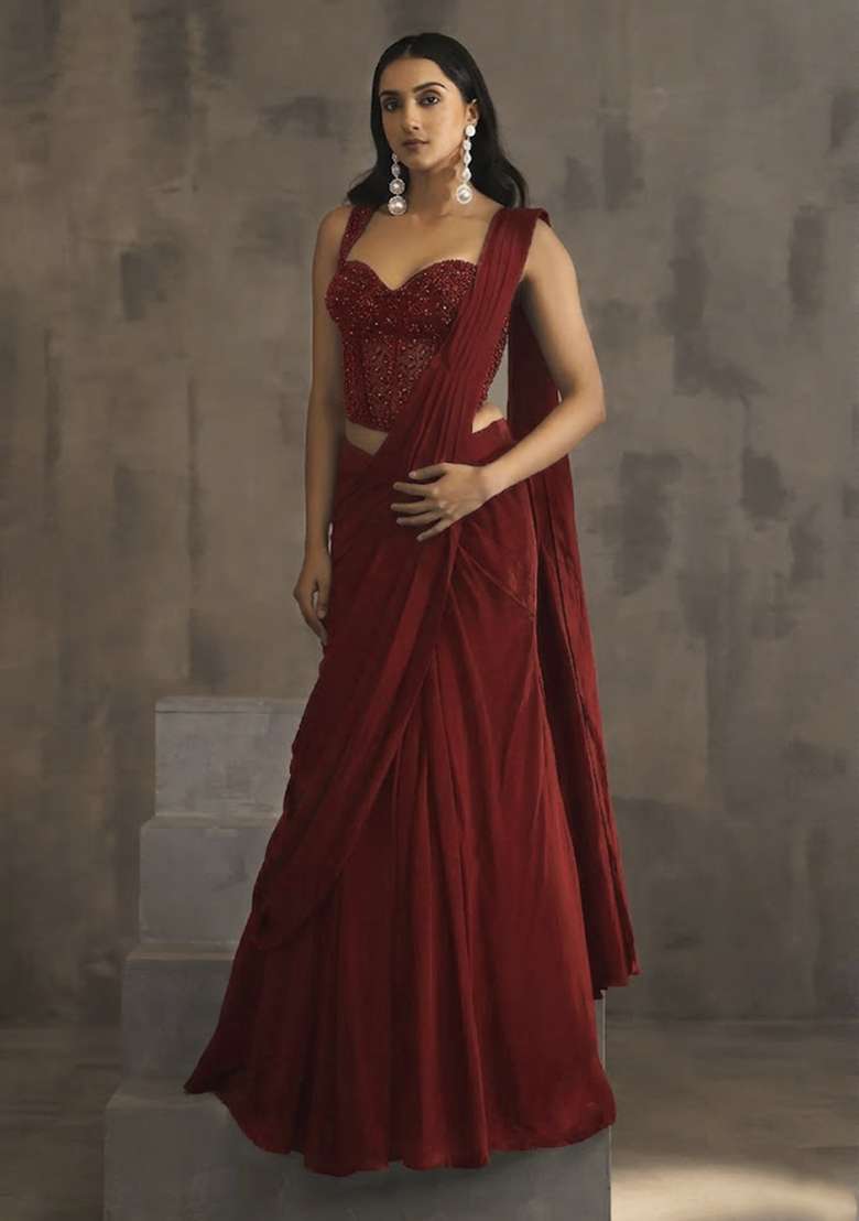 Red Hand Work Embellished Pre Draped Saree Set - Indya