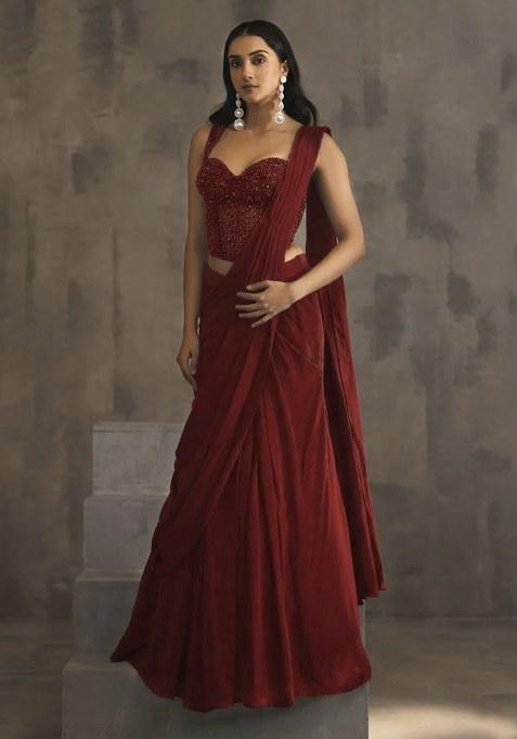 Red Hand Work Embellished Pre Draped Saree Set