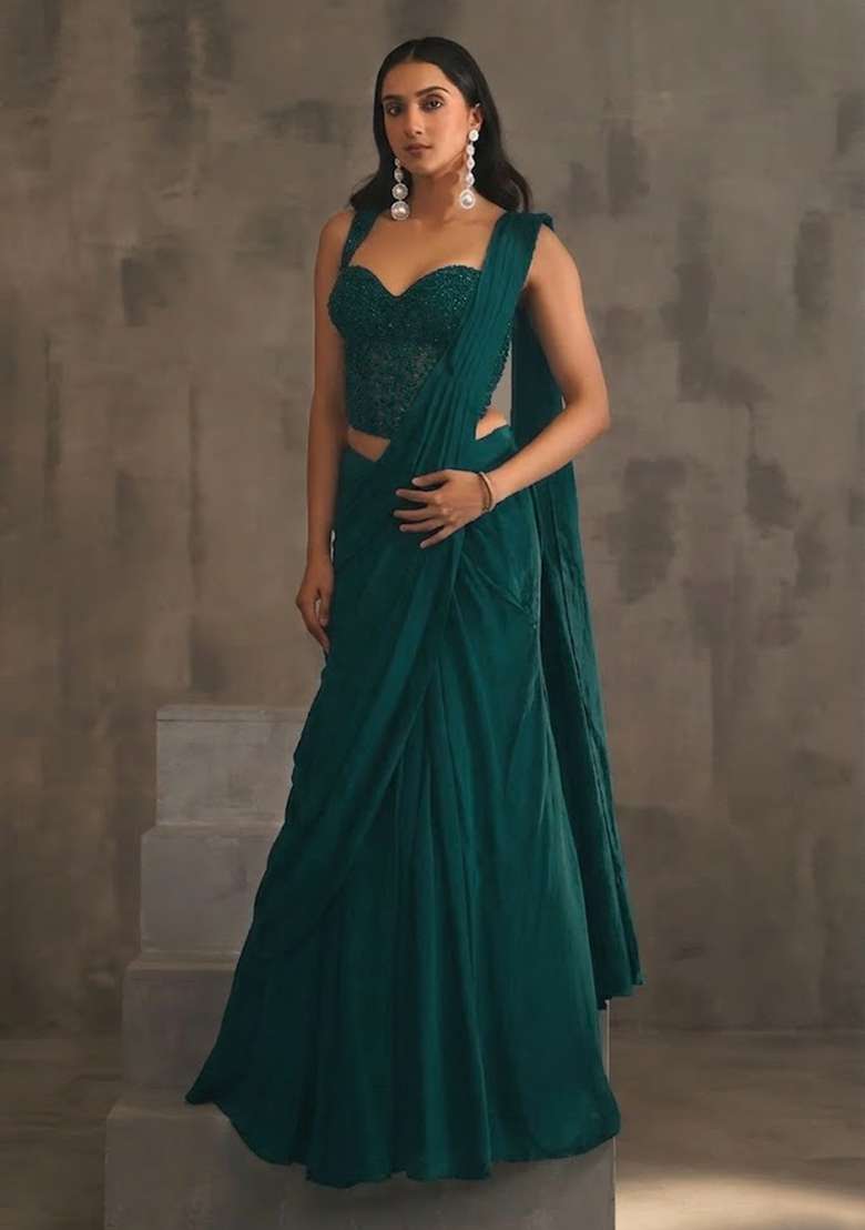 Teal Green Hand Work Embellished Pre Draped Saree Set - Indya