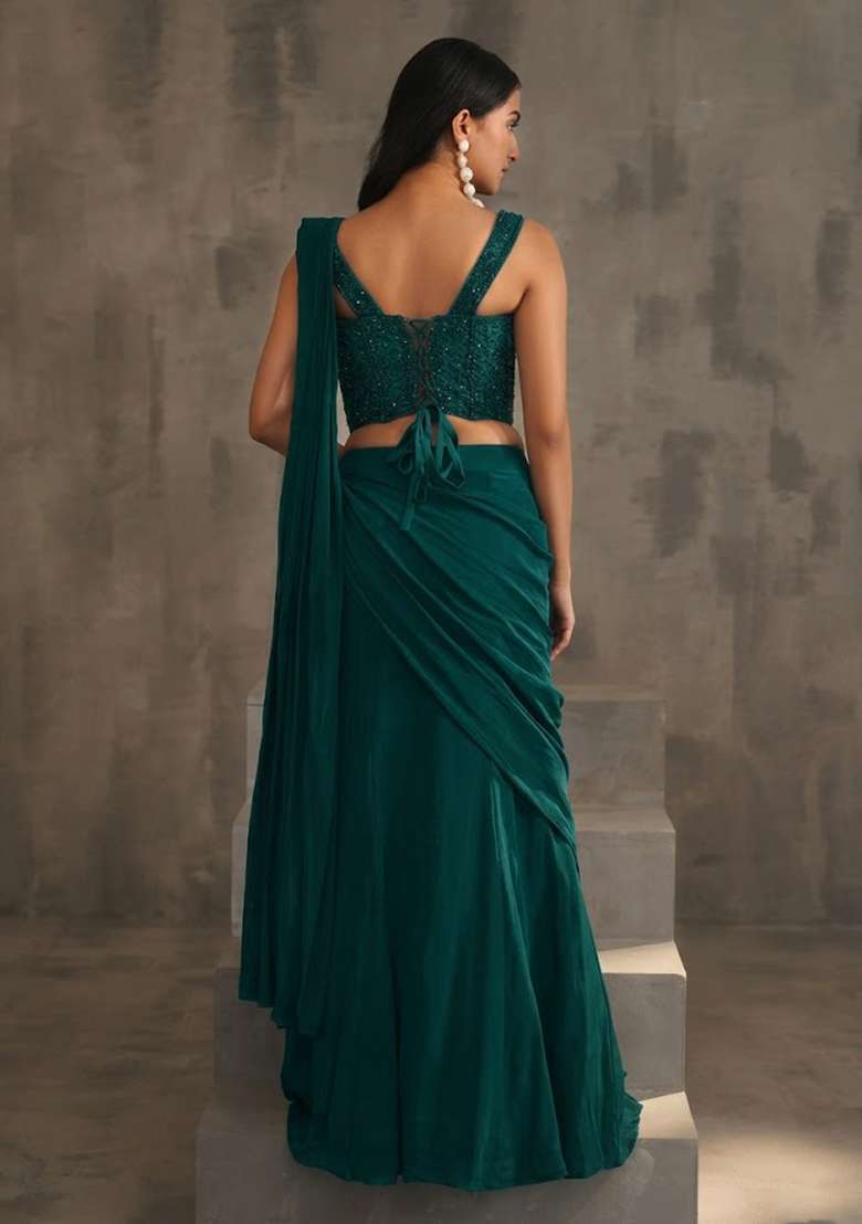Teal Green Hand Work Embellished Pre Draped Saree Set - Indya