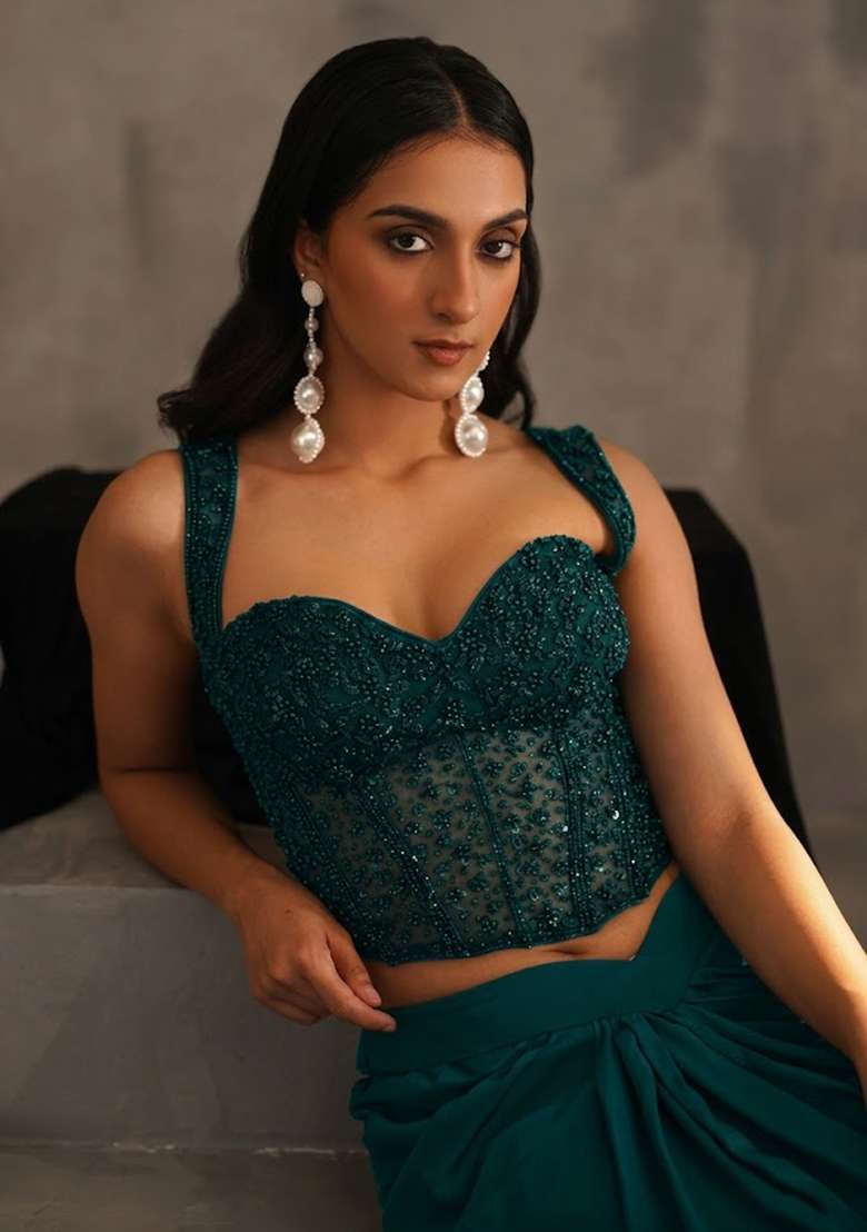 Teal Green Hand Work Embellished Pre Draped Saree Set - Indya