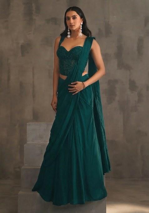 Teal Green Hand Work Embellished Pre Draped Saree Set