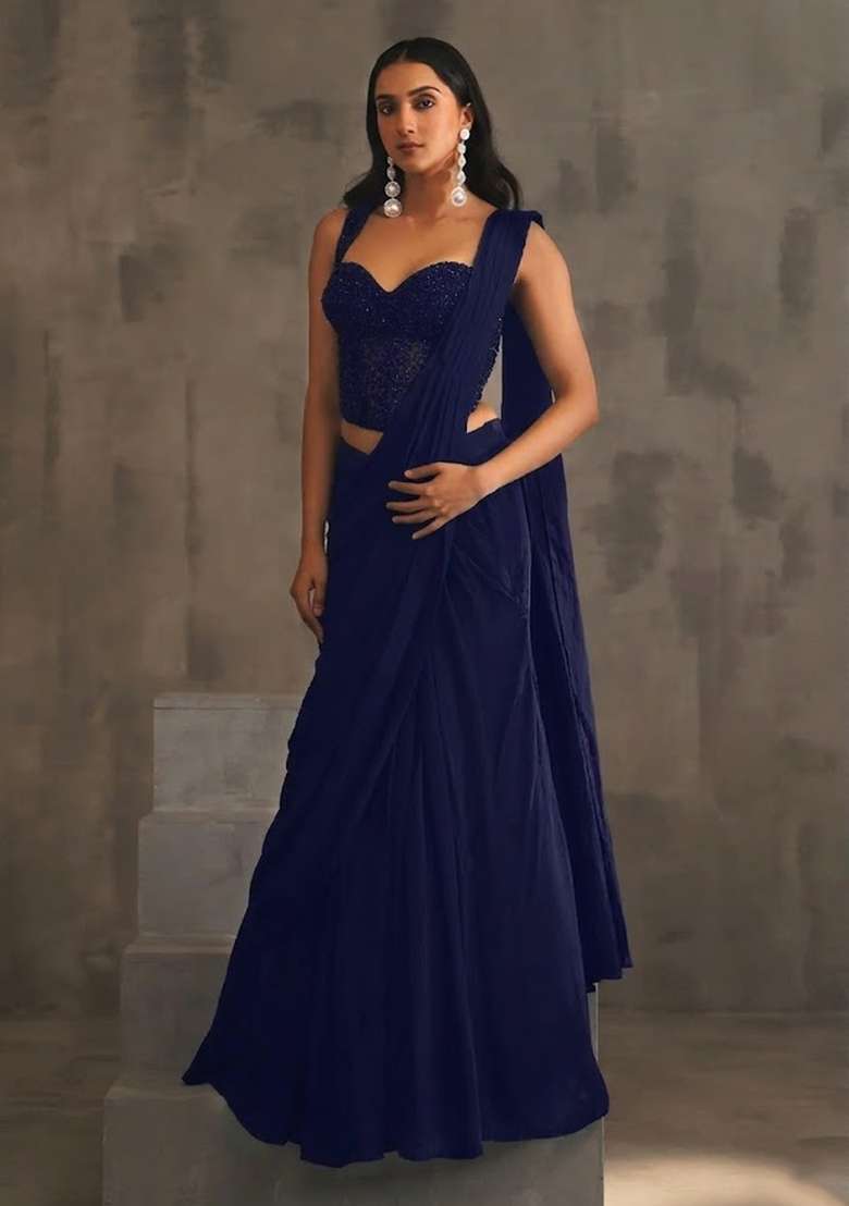 Violet Hand Work Embellished Pre Draped Saree Set - Indya