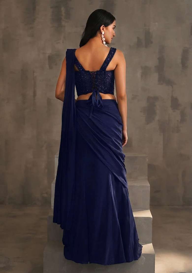 Violet Hand Work Embellished Pre Draped Saree Set - Indya