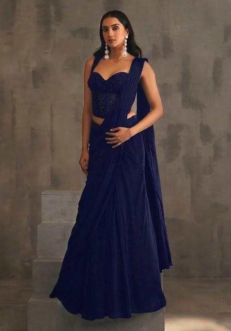 Violet Hand Work Embellished Pre Draped Saree Set