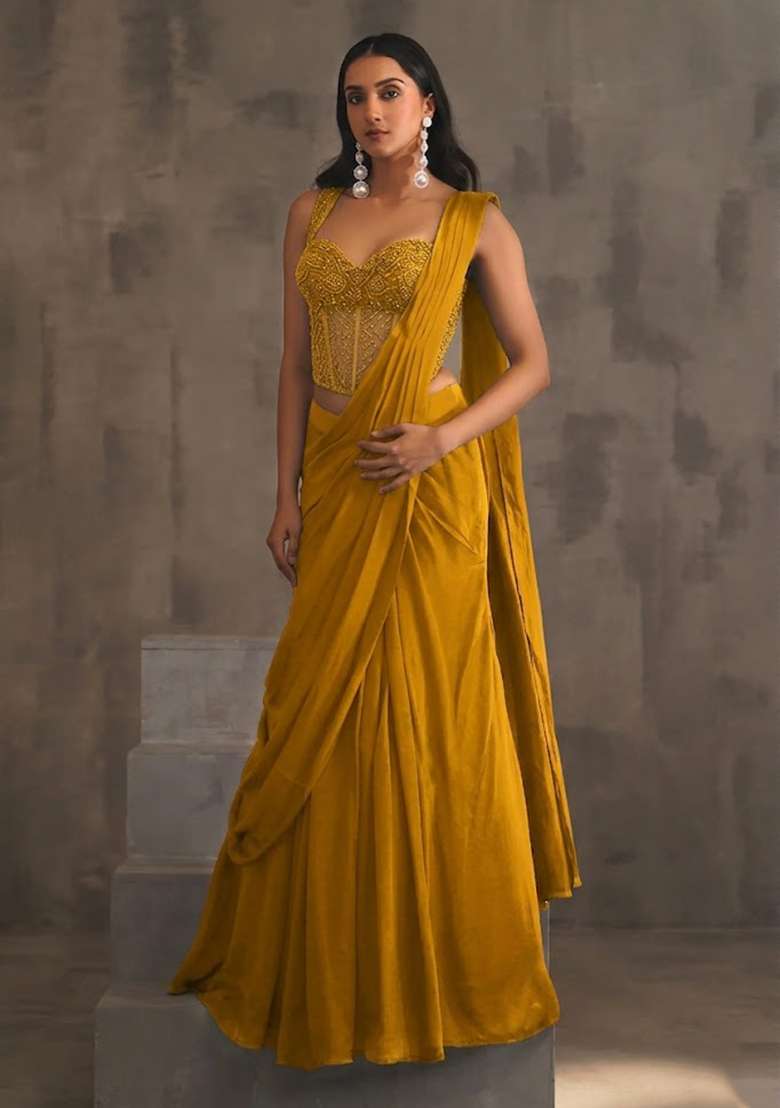 Yellow Hand Work Embellished Pre Draped Saree Set - Indya