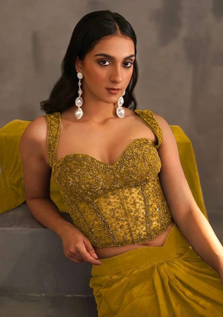 Yellow Hand Work Embellished Pre Draped Saree Set - Indya