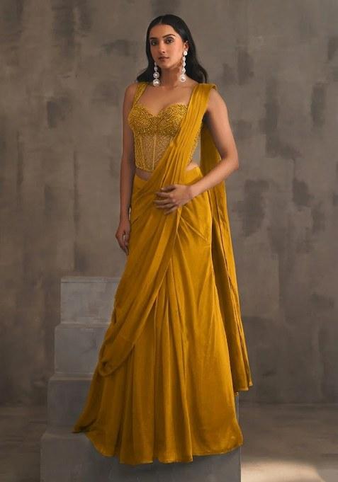Yellow Hand Work Embellished Pre Draped Saree Set
