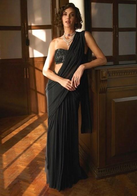 Black Hand Work Sequin Pre Draped Saree Set