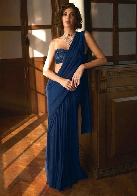 Blue Hand Work Sequin Pre Draped Saree Set