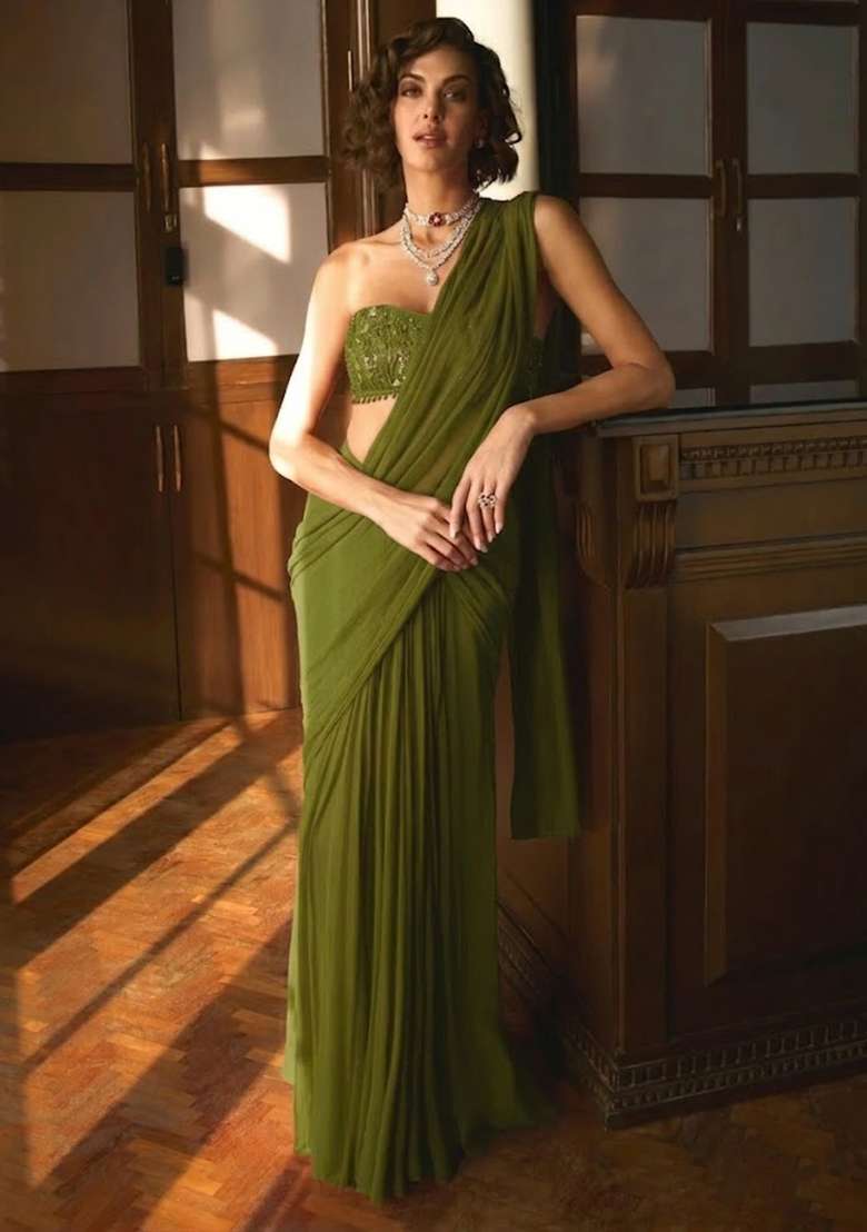 Olive Green Hand Work Sequin Pre Draped Saree Set - Indya