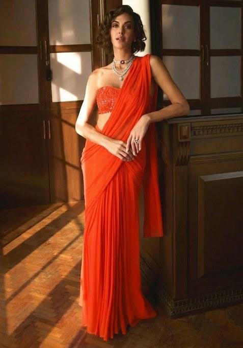 Bright Orange Hand Work Sequin Pre Draped Saree Set