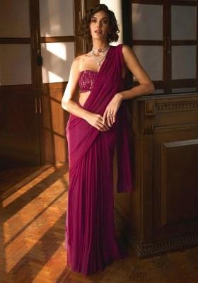 Purple Hand Work Sequin Pre Draped Saree Set