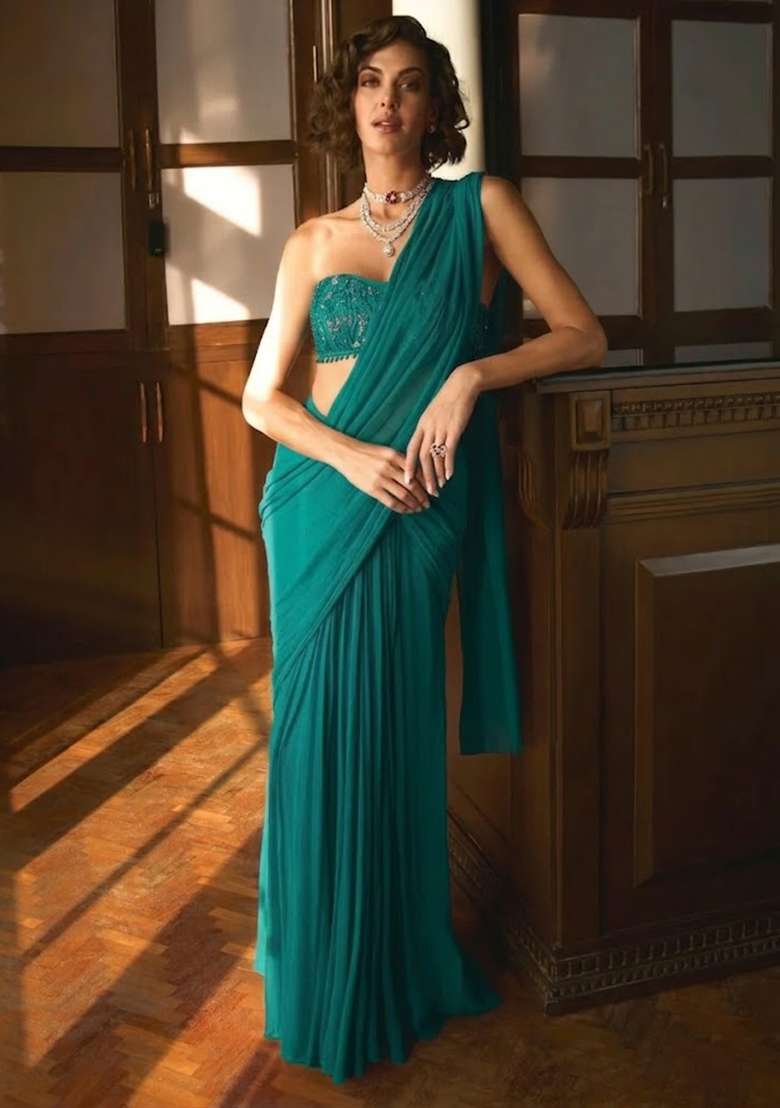 Teal Green Hand Work Sequin Pre Draped Saree Set - Indya