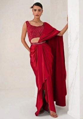 Hot Pink Hand Work Embellished Pre Draped Saree Set