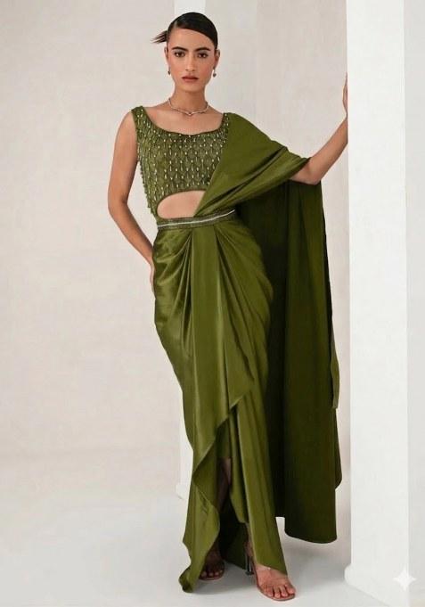 Olive Green Hand Work Embellished Pre Draped Saree Set