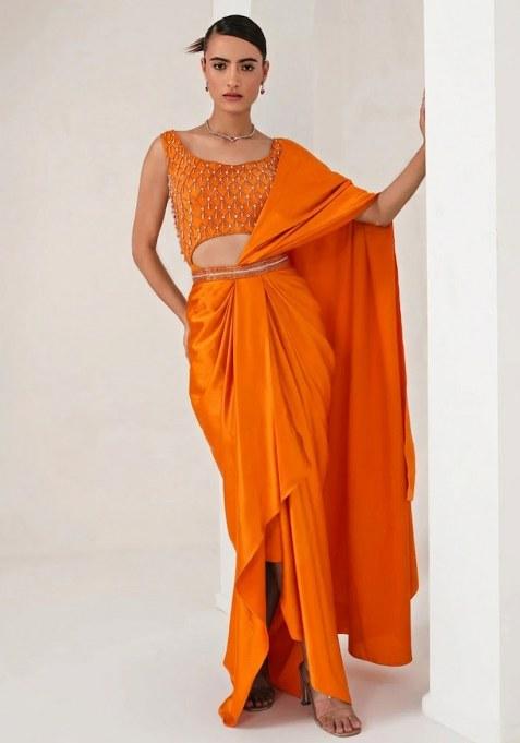 Bright Orange Hand Work Embellished Pre Draped Saree Set