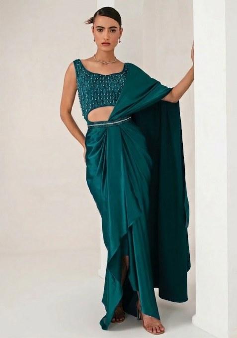Teal Green Hand Work Embellished Pre Draped Saree Set
