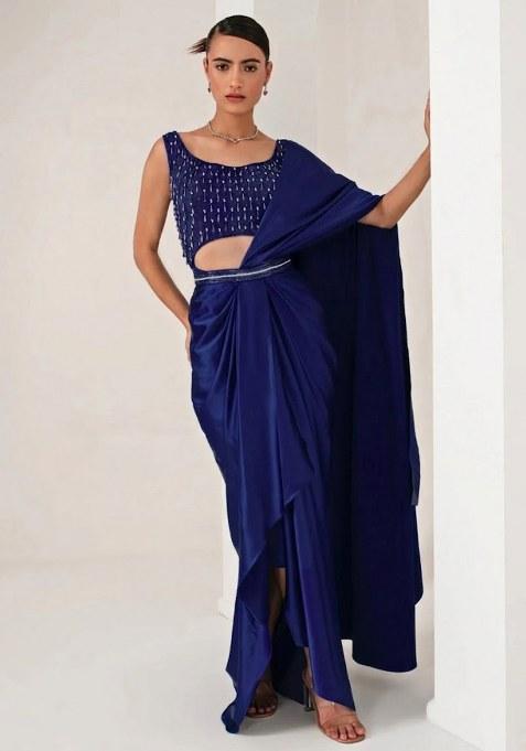 Violet Hand Work Embellished Pre Draped Saree Set