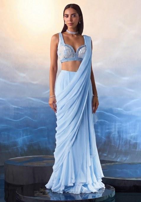 Blue Hand Work Embellished Pre Draped Saree Set