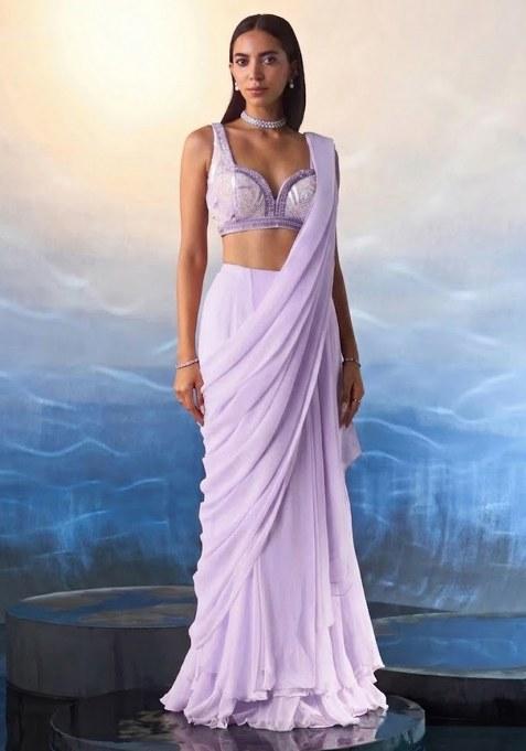 Lavender Hand Work Embellished Pre Draped Saree Set