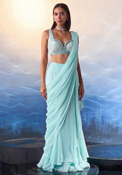 Mint Green Hand Work Embellished Pre Draped Saree Set