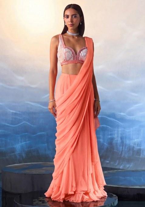 Peach Hand Work Embellished Pre Draped Saree Set