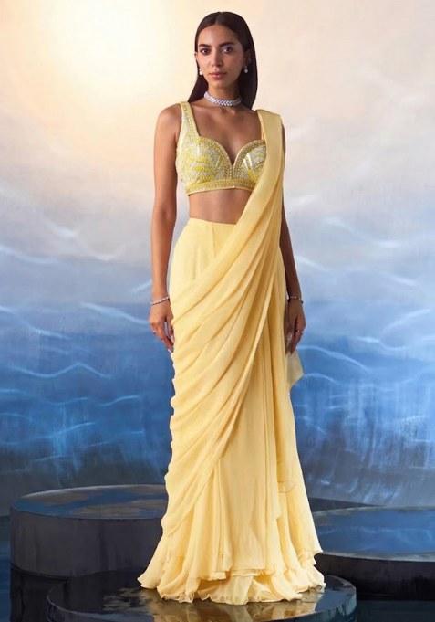 Yellow Hand Work Embellished Pre Draped Saree Set