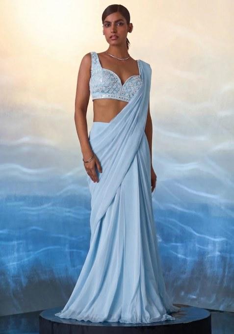 Blue Hand Work Embellished Pre Draped Saree Set