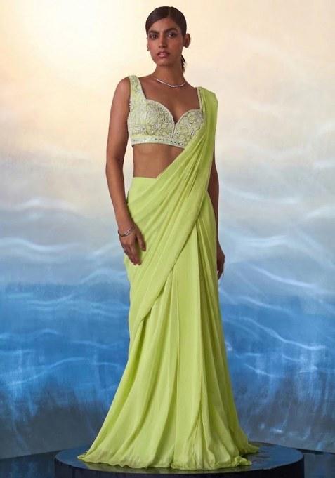 Green Hand Work Embellished Pre Draped Saree Set