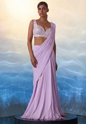 Lavender Hand Work Embellished Pre Draped Saree Set