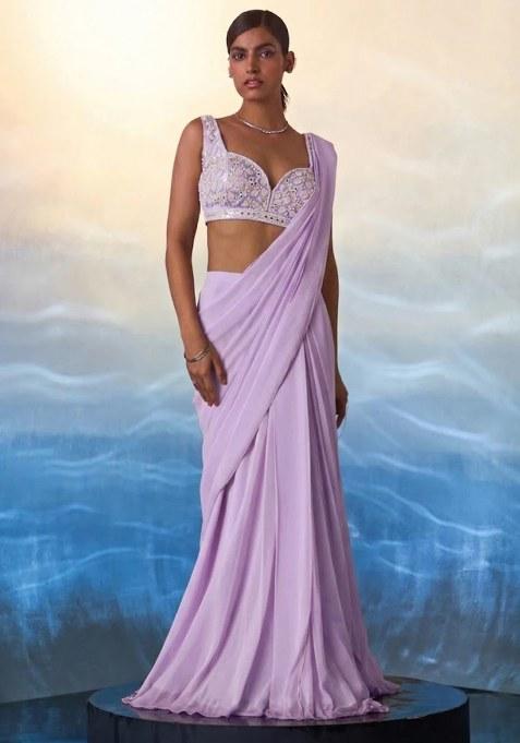 Lavender Hand Work Embellished Pre Draped Saree Set