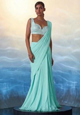 Mint Green Hand Work Embellished Pre Draped Saree Set