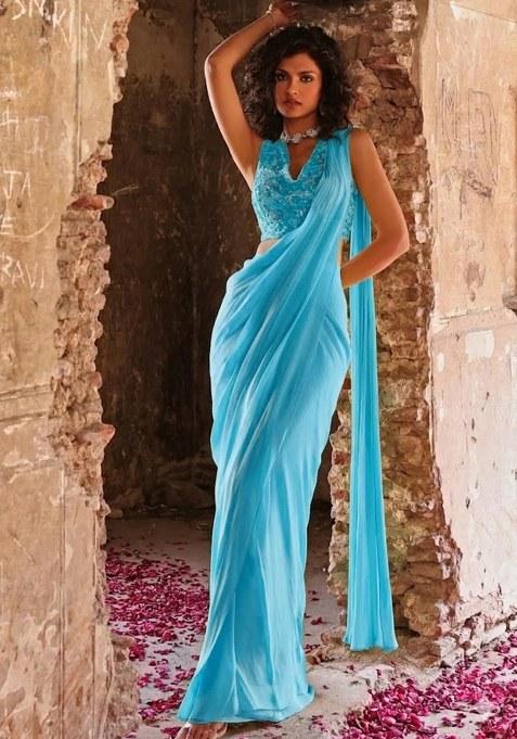 Blue Hand Work Embellished Pre Draped Saree Set
