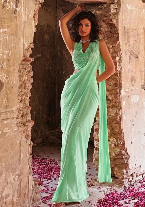 Green Hand Work Embellished Pre Draped Saree Set