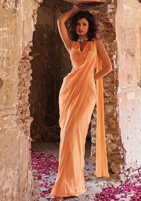 Bright Orange Hand Work Embellished Pre Draped Saree Set — view on Indya