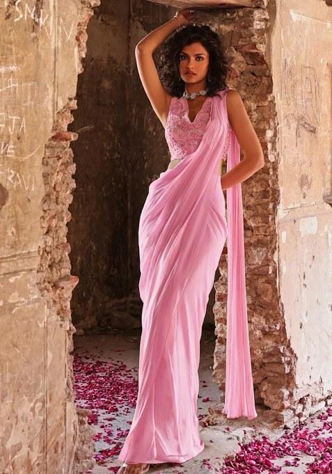 Pink Hand Work Embellished Pre Draped Saree Set
